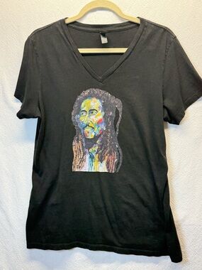 Bob Marley Artist Rendition T Shirt V Neck Men’s or Women’s Black Shirt Size L